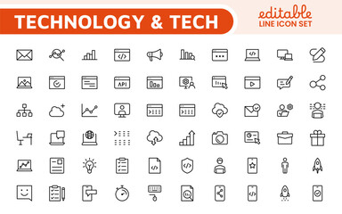Technology and Development Icon Set. Modern and innovative icons tailored for tech apps and projects, perfect for showcasing development tools, software solutions, and cutting-edge technologies.