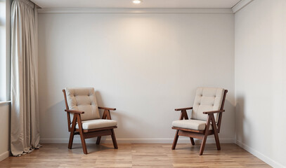 Minimalist sitting area with two chairs and curtains