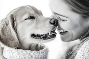 Close-up of woman laughing as her dog licks her face, black-and-white, soft focus, gentle light, intimate and happy pet bonding moment