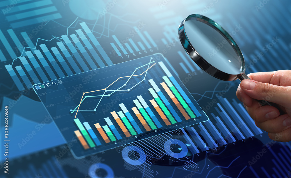 Poster Market analysis and business strategy. Financial and statistical data dashboard.Analyst magnifying graphs and charts.