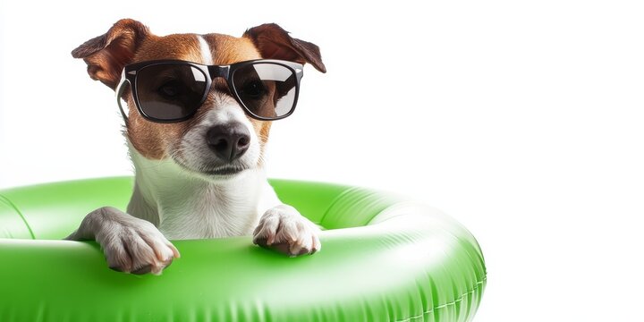 Dog summer vacation fun features a Jack Russell relaxing in an inflatable green pool float while wearing stylish sunglasses. This dog summer scene is isolated against a clean white background.