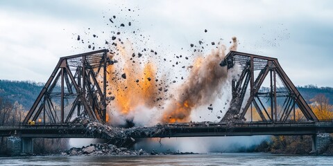 Explosive charges are set off to initiate the demolition process of a bridge. This controlled demolition showcases explosive charges used for safely dismantling structures like the bridge.