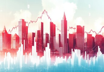 Fototapeta premium Abstract Cityscape with Financial Graphs Depicting Economic Trends Overlaid on a Skyline of Modern Skyscrapers in Vibrant Colors Representing Urban Growth