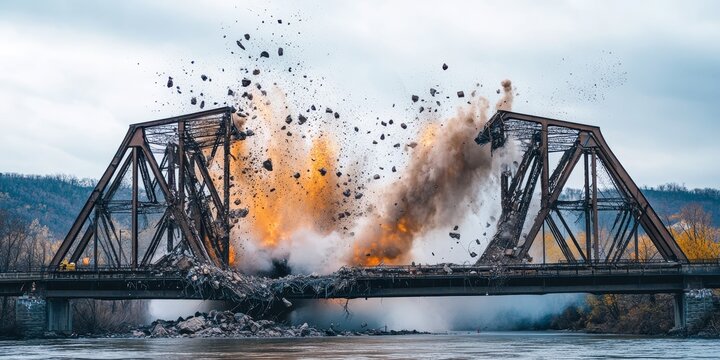 Explosive charges are set off to initiate the demolition process of a bridge. This controlled demolition showcases explosive charges used for safely dismantling structures like the bridge.