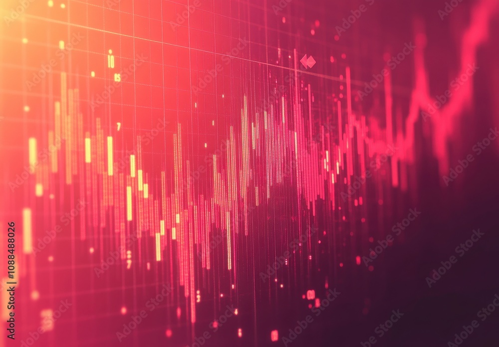 Poster abstract data visualization with vibrant red and pink color scheme showing high and low fluctuations