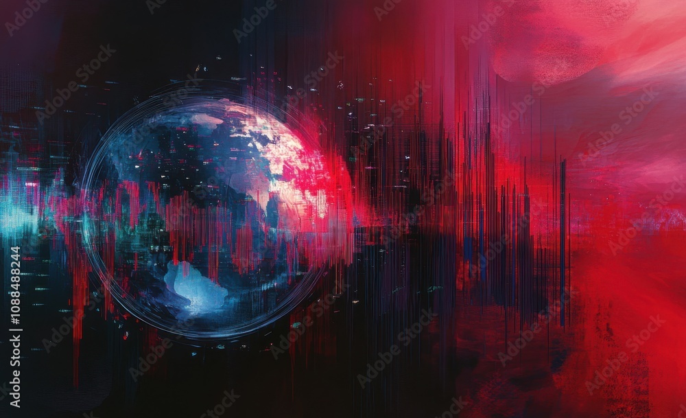 Poster abstract digital art representing earth with vibrant colors and sound waves, creating a futuristic a