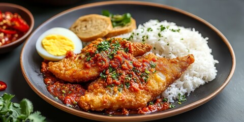 Fototapeta premium Delicious deep fried fish served with a flavorful herb and spicy sauce alongside rice, complemented by stewed egg and bread, creating a perfect meal featuring deep fried fish.