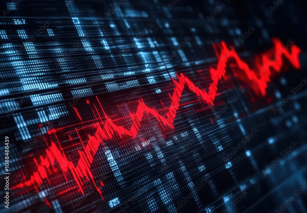 Poster abstract digital background with red graph lines representing financial data trends over a dark bina