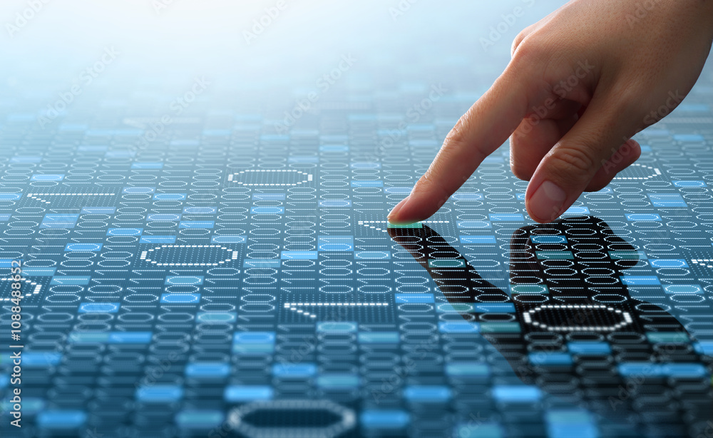 Aufkleber Binary data processing and big data analysis. Digital data analyzing technology. Analyst touching numbers.