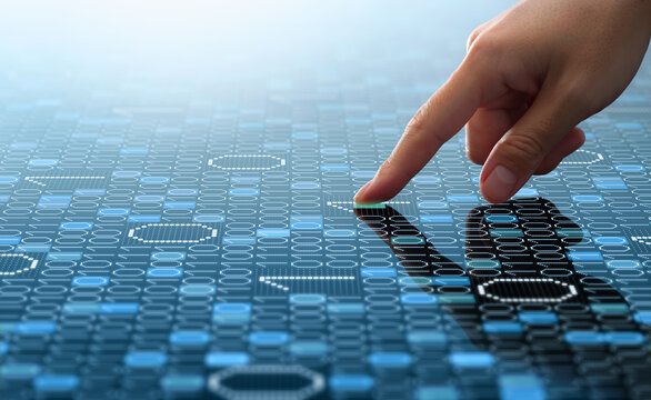Binary data processing and big data analysis. Digital data analyzing technology. Analyst touching numbers.