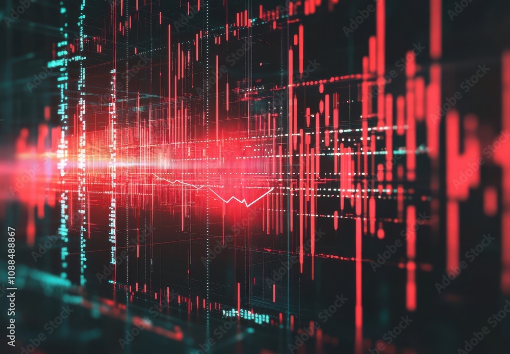 Poster abstract digital data visualization with red and blue lines in a futuristic background representing 