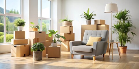 Fototapeta premium A bright, modern living room with houseplants and stacked moving boxes. The clean space reflects organization and a fresh start, blending nature with home decor.
