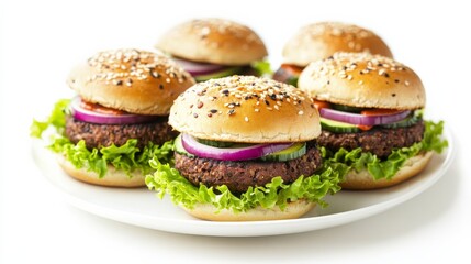 A plate of gourmet black bean burgers with avocado, red onion, lettuce