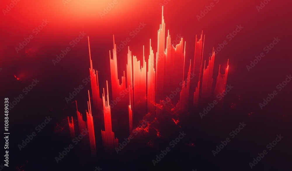 Poster abstract digital landscape with towering spikes rising from a darkened horizon, illuminated by a bri