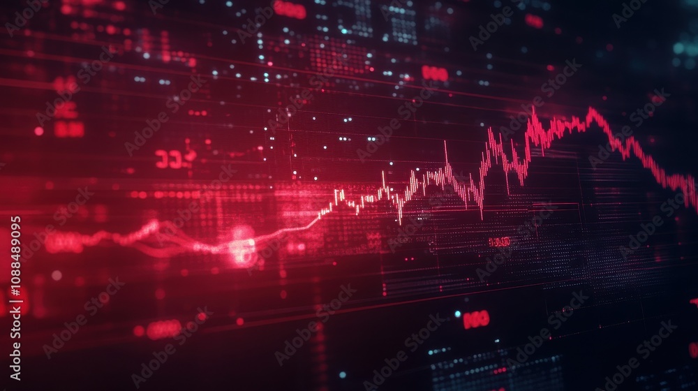 Poster abstract digital stock market chart showing red trendlines with glowing data points and numerical va