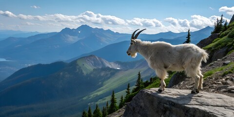 A white mountain goat overlooking a stunning valley with forested slopes and blue skies. A tranquil wildlife and nature setting with room for copy space or text overlay.