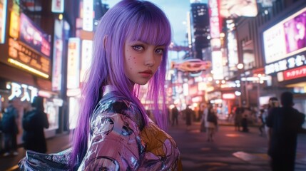 Obraz premium Cyberpunk Asian Girl in Neon City: A Digital Art Masterpiece