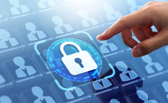 Customer information and personal data protection. Internet security system. Businessman touching padlock icon.