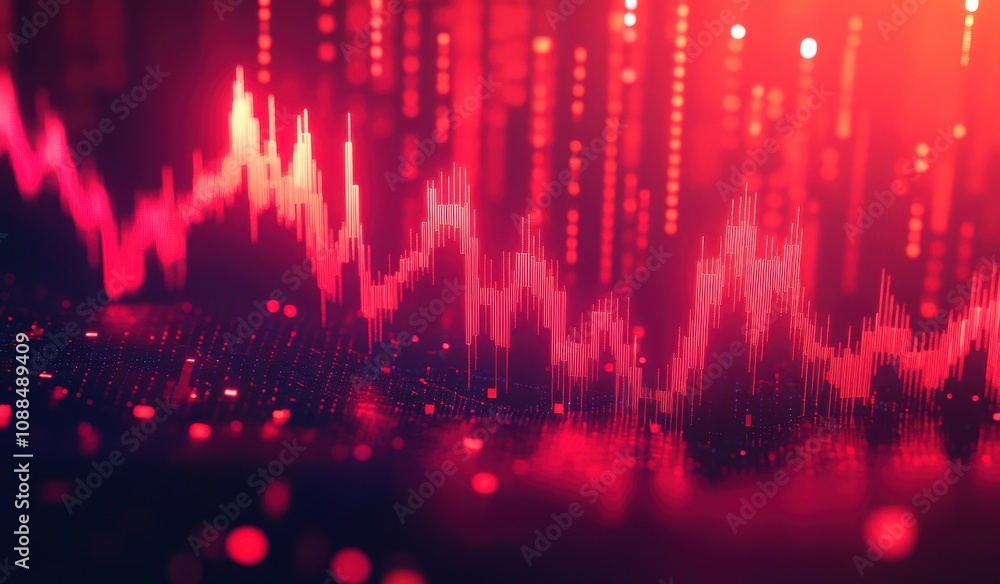 Poster abstract financial data representation featuring red and dark tones with glowing elements illustrati