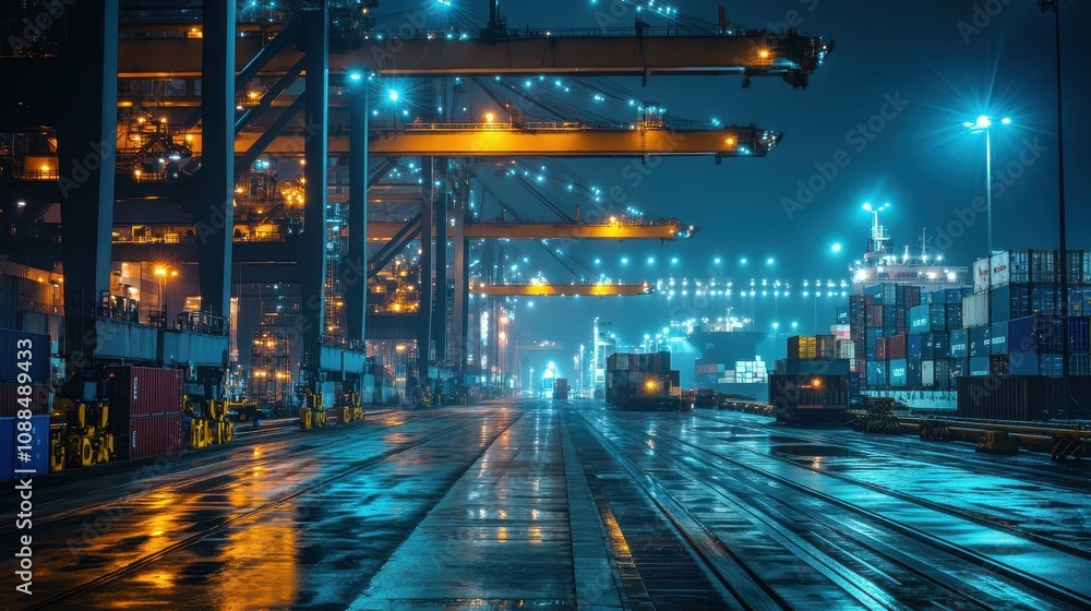 Poster a nighttime view of a busy shipping port with containers and cranes illuminated by lights.