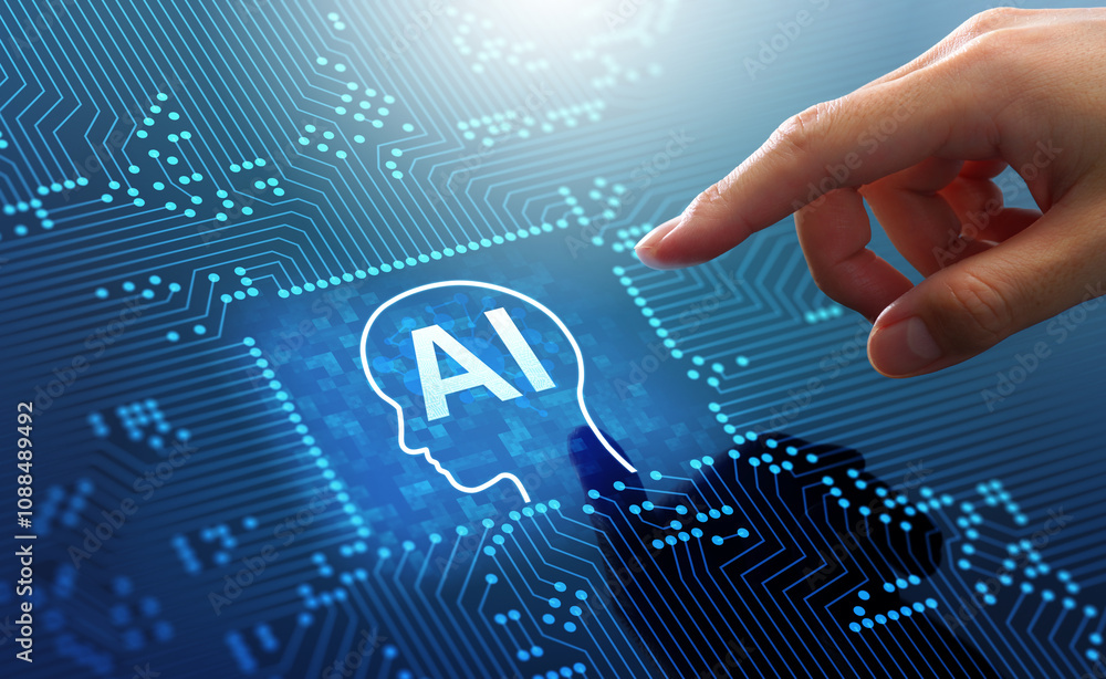 Poster AI generative artificial intelligence and machine learning technology. Man touching AI icon in Semiconductor on electronic circuit board.
