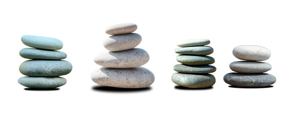 Balanced zen stones isolated. Relax stacked stones on empty white background. 