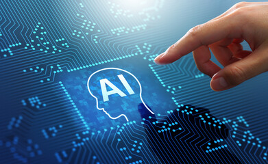 AI generative artificial intelligence and machine learning technology. Man touching AI icon in...