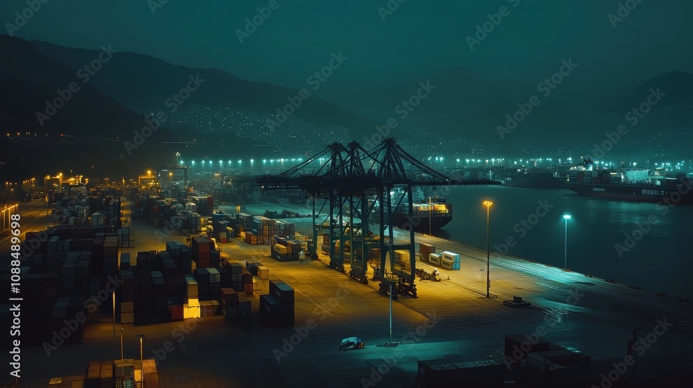 Poster a nighttime view of a busy shipping port with cranes and containers illuminated by lights.