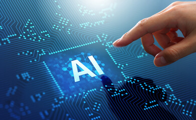 Artificial intelligence AI in semiconductor on electronic circuit board concept. Man touching AI...