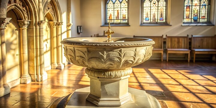  A beautifully carved stone baptismal font bathed in golden sunlight, positioned in a traditional church interior. Stained glass windows in the background enhance the divine ambiance.
