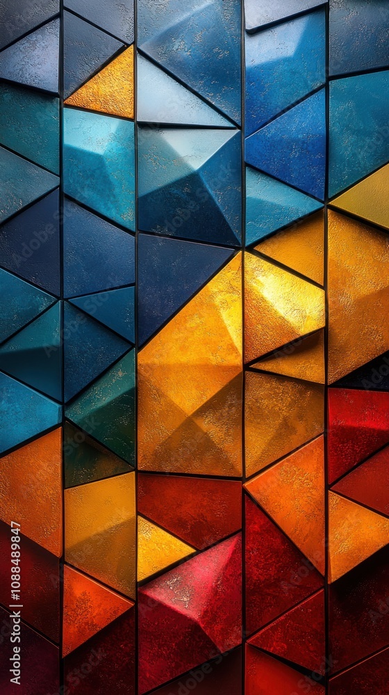 Poster abstract geometric shapes in vibrant colors creating a mosaic effect.