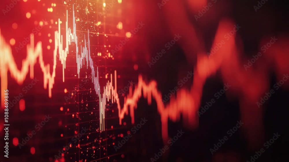 Poster abstract financial market data visualization with dynamic red and white line graph illustrating stoc