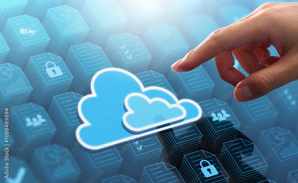 Poster Cloud storage of document management system. Business database and backup technology. Businessman touching cloud computing icon on many file icons.