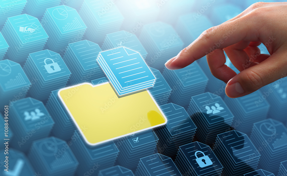 Poster Business files and folders storing in document management system DMS server. Businessman touching file and folder icon on many files.