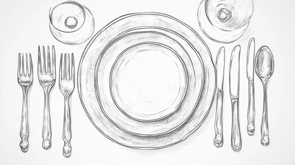 Vector cutlery set of plate,fork,spoon, knife,Table setting,top view,Vector hand drawn illustrations type of christmas dinner table,isolated illustration on white background,holiday greeting design.