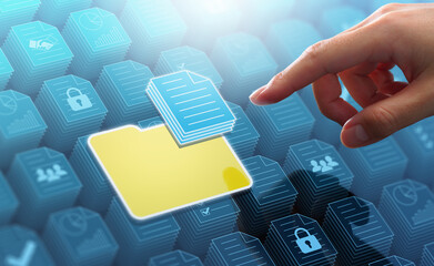 Business files and folders storing in document management system DMS server. Businessman touching...