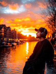 Fototapeta premium A young man leaning against a wall near the canals, wearing an oversized sweater and a baseball cap, listening to music through his vintage headphones. AI generative.