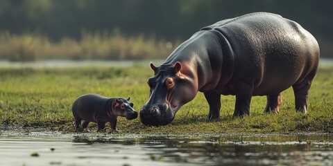 A female hippopotamus and her calf are seen grazing on the riverbanks. While hippos are known to graze at night, they often feed during the day, making it essential to stay cautious around them.