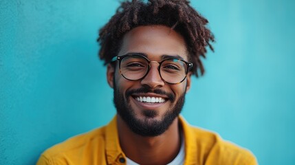 Obraz premium Young successful IT professional with a tablet, smiling against a light blue background.