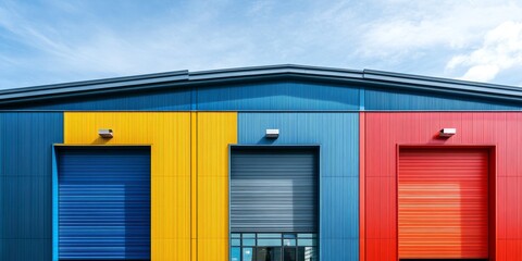 Fototapeta premium Industrial building with vibrant colours showcasing modern architecture. The industrial building features striking elements that highlight its unique design in a contemporary setting.