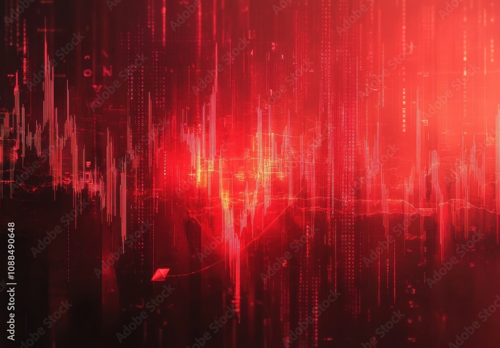 Poster abstract red background with digital elements and sound waves illustrating data visualization and te