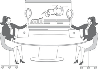 Two entrepreneur businesswomen sitting at the conference table and looking at a pie chart with magnifying glass, mass market and niche market or emerging market