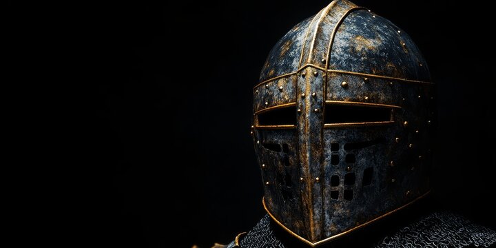 Medieval knight armet helmet displayed against a black background, showcasing the intricacies of medieval knight armor design. This striking medieval knight armet helmet captures the essence of