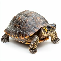 Fototapeta premium A turtle with a patterned shell on white background.