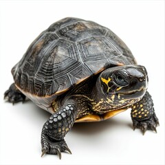 Black turtle with yellow markings on a white background.