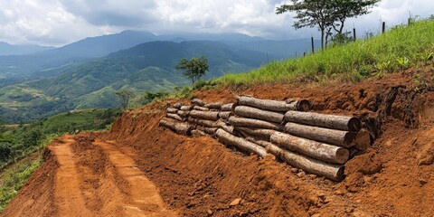 Landslide prevention, innovative structure constructed with trunks to stabilize soil, enhancing landslide prevention efforts and reducing hydrogeological risks in vulnerable areas.