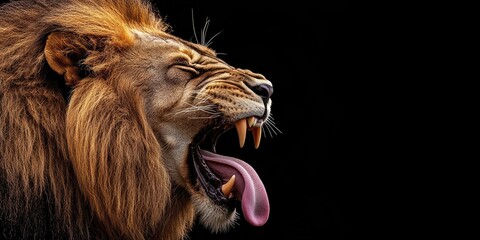 Lion making a humorous expression, showcasing its tongue and sharp canine teeth. This lion highlights a blend of dangerous instincts and a comical look, perfect for a funny meme.