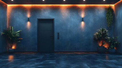Dark Blue Room Interior Design with Plants and Lights 3D Illustration