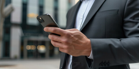 Businessman in suit using smartphone in the city app social network