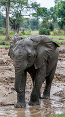 Fototapeta premium Baby elephant is standing in a muddy pond